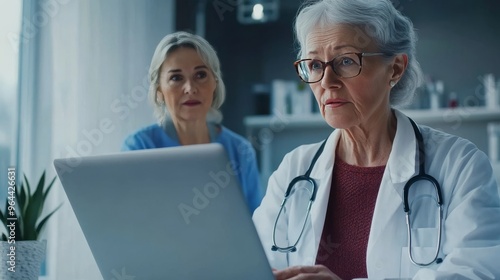 Med, healthcare, tech: doc, laptop, old lady, hosp. photo