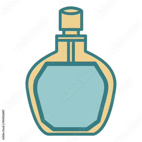  a simple illustration of a perfume bottle. The bottle has a rounded, almost oval shape with a flat base, and it is depicted in a light blue color with a beige outline