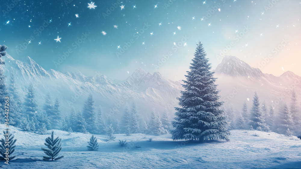 Naklejka premium Zimowy krajobraz przenosi widza do bajkowego świata, gdzie w centrum uwagi znajduje się pięknie udekorowana choinka, otoczona głębokim, białym śniegiem.