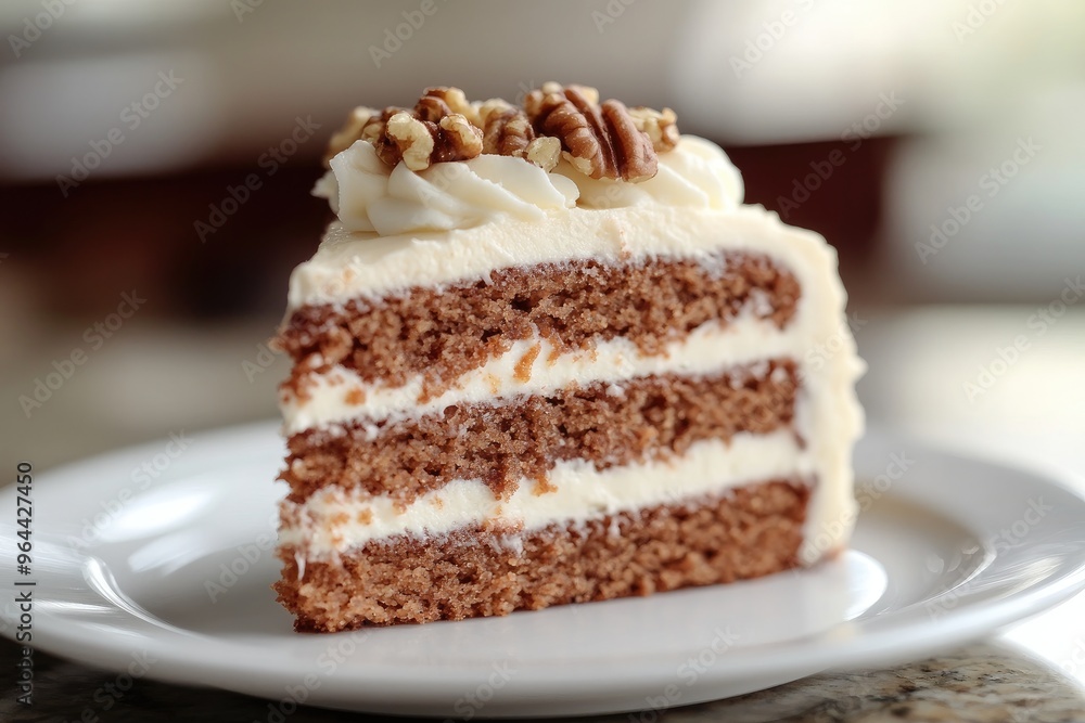 A slice of moist carrot cake with a thick layer of cream cheese frosting, garnished with chopped walnuts A slice of moist carrot cake with a thick layer of cream cheese frosting, garnished with chopped walnuts