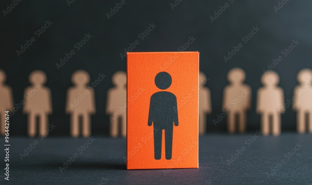 Black figure icon on an orange block standing out among blurred wooden figures, symbolizing unemployment, benefits, and policy concept Black figure icon on an orange block standing out among blurred wooden figures, symbolizing unemployment, benefits, and policy concept