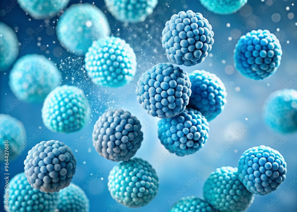 A cluster of blue raspberry-flavored hard candies in the shape of tiny balls are suspended in mid-air, as if frozen in a sweet, sugary mist A cluster of blue raspberry-flavored hard candies in the shape of tiny balls are suspended in mid-air, as if frozen in a sweet, sugary mist