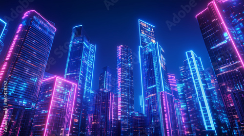 W nocnym krajobrazie mega miasta wyróżniają się potężne wieżowce z neonowymi iluminacjami, które odbijają się w szklanych fasadach budynków.