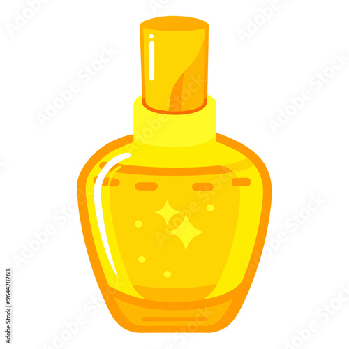 an illustration of a yellow perfume bottle. The bottle has a rounded shape with a short neck and a spray nozzle on top. The body of the bottle is decorated with small sparkles or star-like shapes