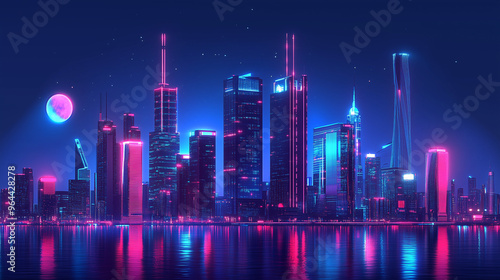 W nocnym krajobrazie mega miasta wyróżniają się potężne wieżowce z neonowymi iluminacjami, które odbijają się w szklanych fasadach budynków.