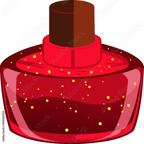 an illustration of a bottle of nail polish. The bottle is round and red with a glossy finish, and it contains small yellow glitter particles. The cap of the bottle is brown and cylindrical