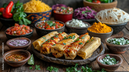 A plate of corn tortillas with a variety of condiments and side dishes. Concept of abundance and variety, with a large selection of food available for consumption