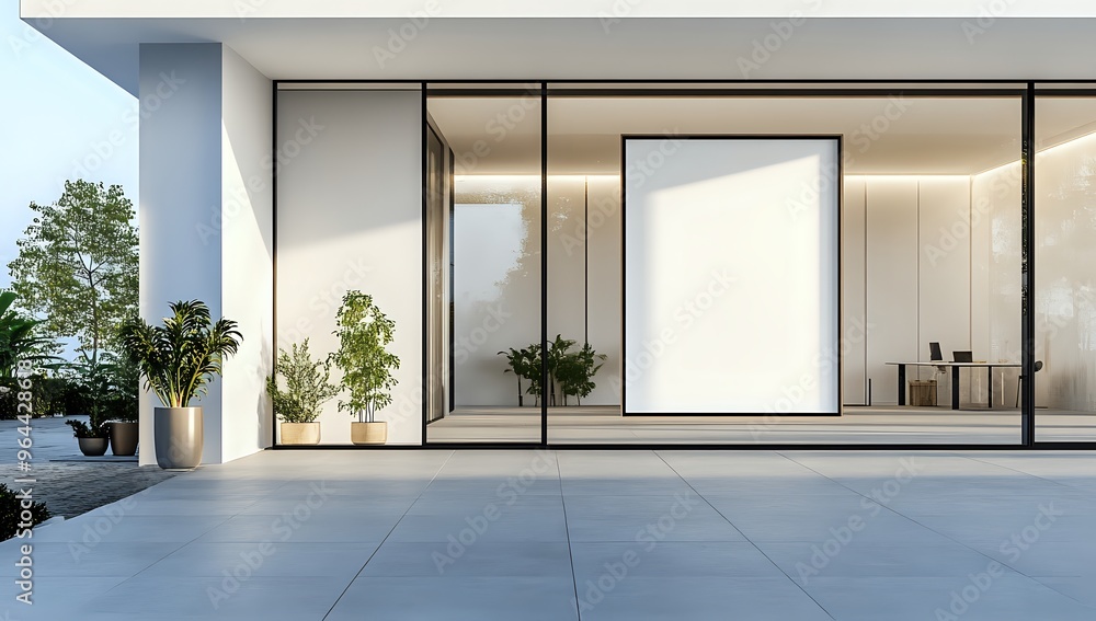 Modern minimalist patio with large glass doors leading to an office space. Modern minimalist patio with large glass doors leading to an office space.