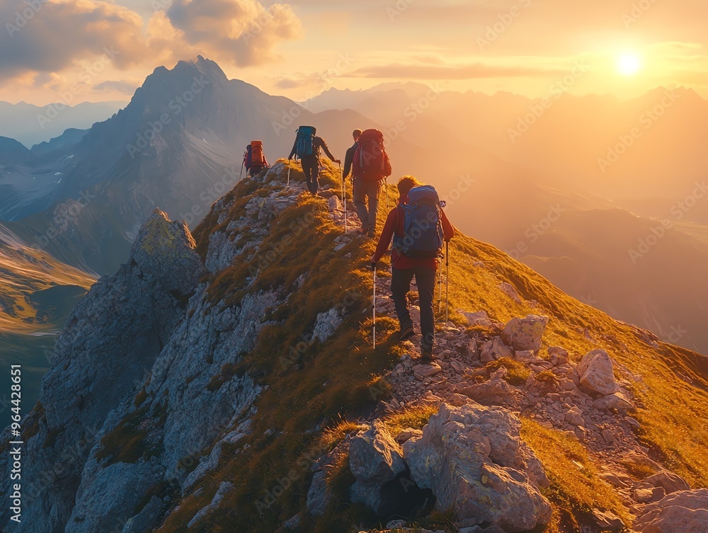 Hikers ascend mountain ridge at sunset. Hikers ascend mountain ridge at sunset.