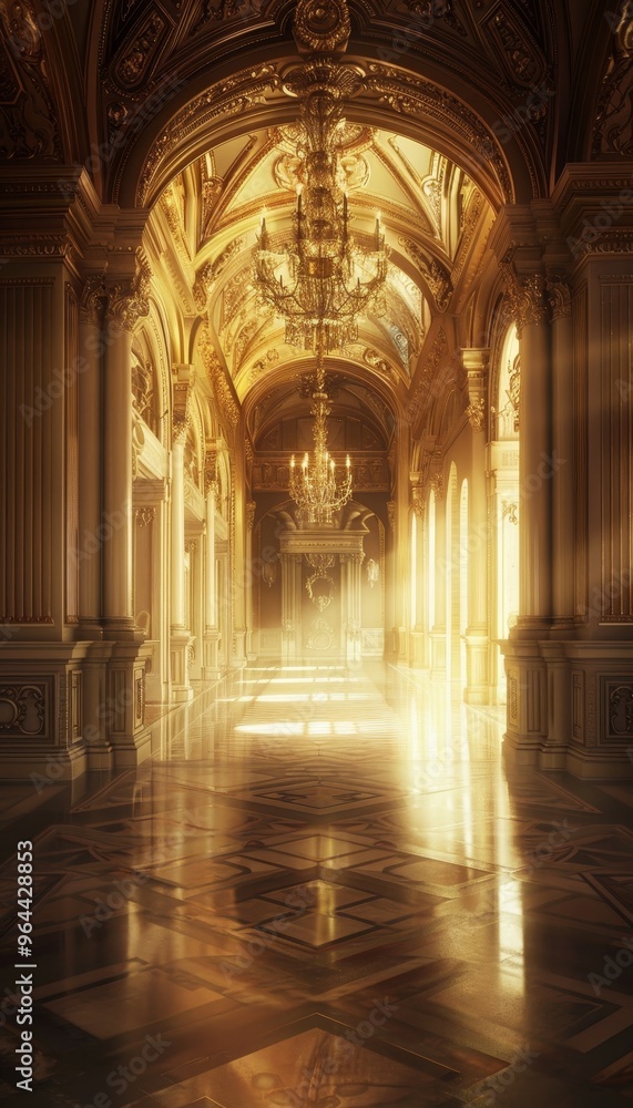 Obraz premium Luxurious palace hallway with soft lighting and rich textures perfect for a fashion spread