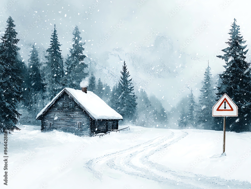 Naklejka premium Mountain cabin, snow falling heavily, blizzard warning sign, Watercolor style