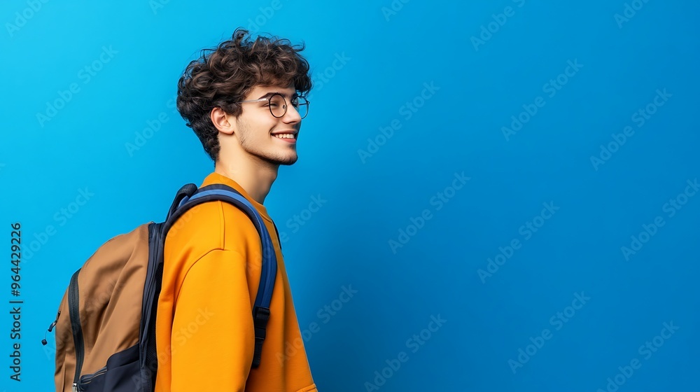 Young man with backpack over blue wall smiling and looking to the side Young man with backpack over blue wall smiling and looking to the side