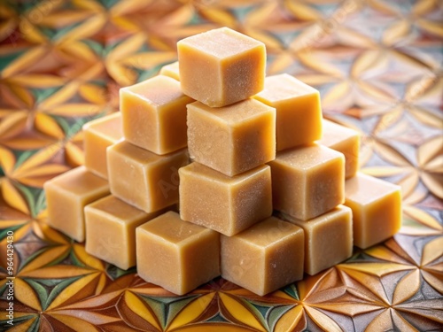 A stylized arrangement of maple fudge cubes, artfully stacked and arranged on a geometric, ceramic tile surface.