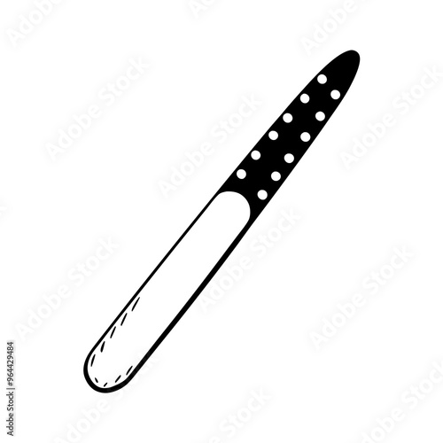 a simple black and white illustration of a nail file. The nail file is elongated and has a rounded end. One half of the file is depicted with a solid black color and has white dots on it