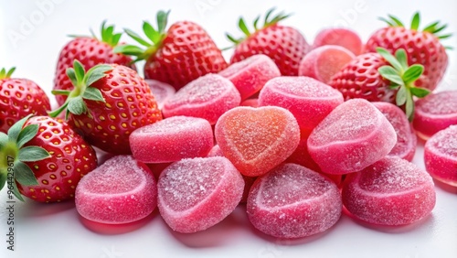 A cluster of bright pink strawberry sour candies nestled among fresh strawberry slices on a crisp white background.