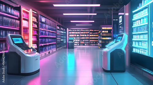 A futuristic supermarket features sleek aisles with AI-powered self-checkout kiosks surrounded by vibrant, illuminated shelves filled with products