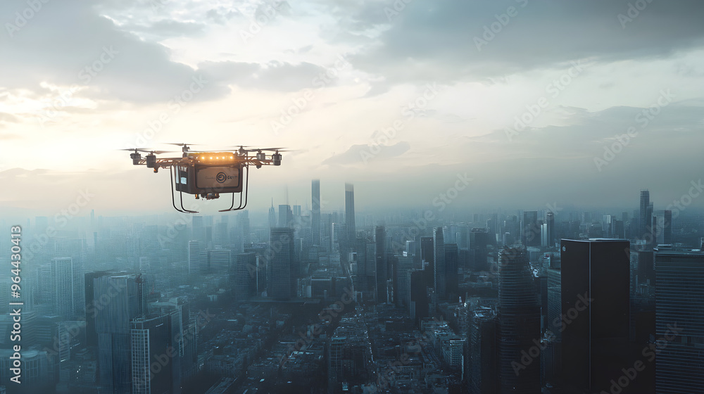 Food delivery drones navigate a sprawling urban landscape amidst a moody sky, highlighting the integration of technology in modern city life Food delivery drones navigate a sprawling urban landscape amidst a moody sky, highlighting the integration of technology in modern city life