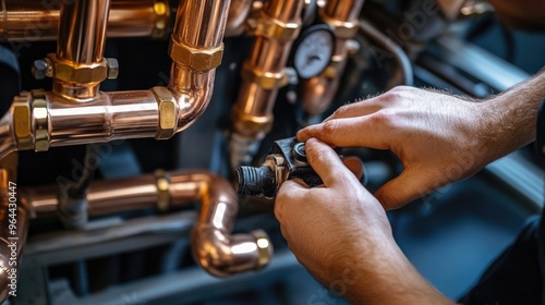 Closeup of a plumber's hands as they work on copper pipes, showcasing the technical skill required for plumbing repairs.