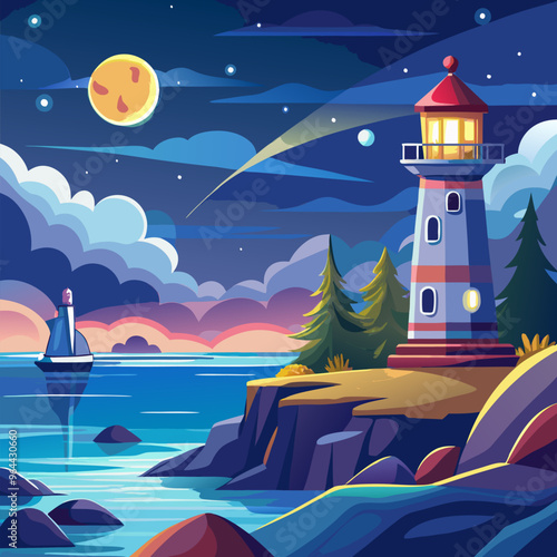 Cartoon night sea landscape with lighthouse on shore under moonlight. Vector illustration scenery of calm water of ocean, starry sky with clouds and beacon tower on dusk beach with light in windows.