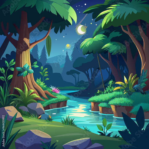 Night jungle forest with river cartoon background. Lake, fantasy tree, palm and bush scene illustration. Amazon riverside location area for game with green firefly glow. Outside travel environment