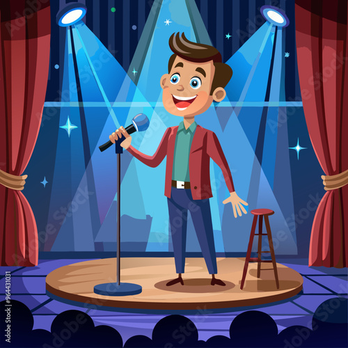 Man standup comedy performer on stage with mic and stool, blue curtain and tv cameras, lighted with spotlight. Comedian male artist during entertainment on scene. Talent show or theater presentation.