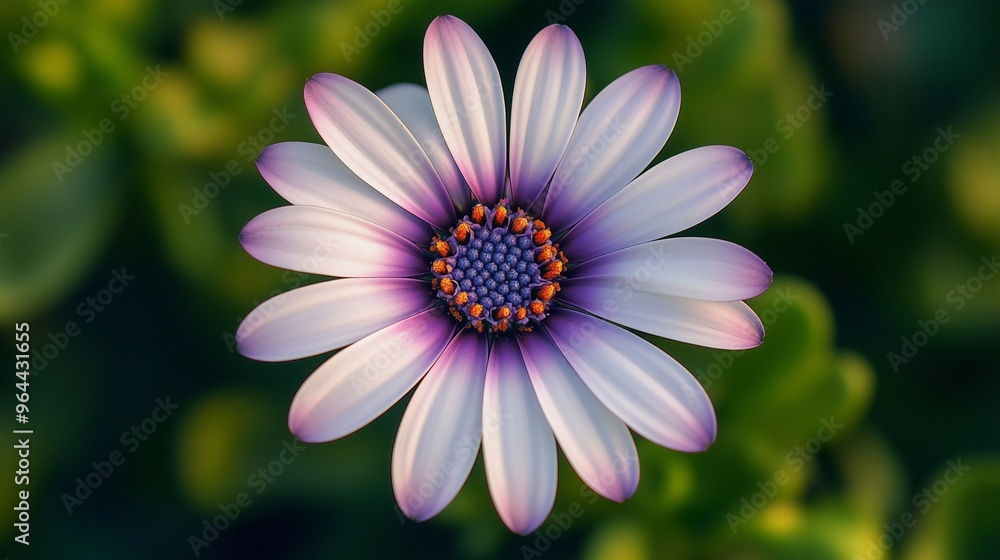 A close-up photo of a beautiful African daisy with white petals, a purple center, and a yellow ring surrounding the disc florets. Bathed in soft sunlight, green blur background. A close-up photo of a beautiful African daisy with white petals, a purple center, and a yellow ring surrounding the disc florets. Bathed in soft sunlight, green blur background.