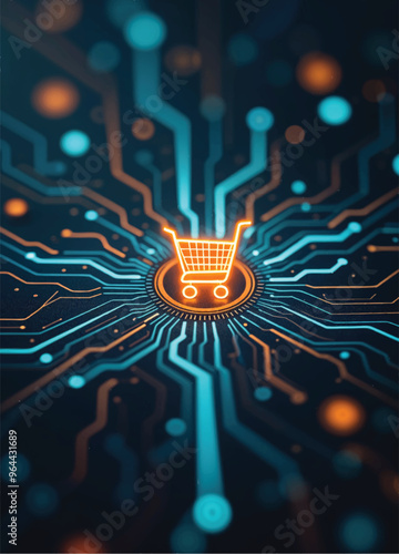 a blue futuristic background of digital circuit patterns with a glowing shopping cart in the center