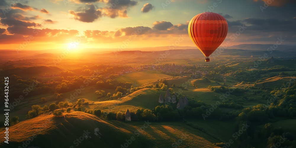 Obraz premium Hot Air Balloon Soaring Over Rolling Hills at Sunset.