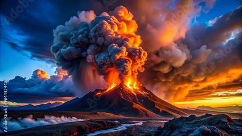 Volcanic inferno, molten lava churning and boiling, ash clouds erupting into the dark blue yonder, with the last remnants of sunlight casting an otherworldly glow on the scene. photo