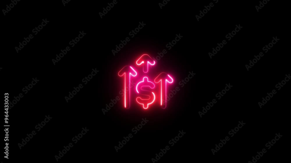 Glowing neon line of dollar sign icon and up arrow isolated on transparent background. Money, profit, investment, growth business, economy, finance and success concept. Glowing neon line of dollar sign icon and up arrow isolated on transparent background. Money, profit, investment, growth business, economy, finance and success concept.