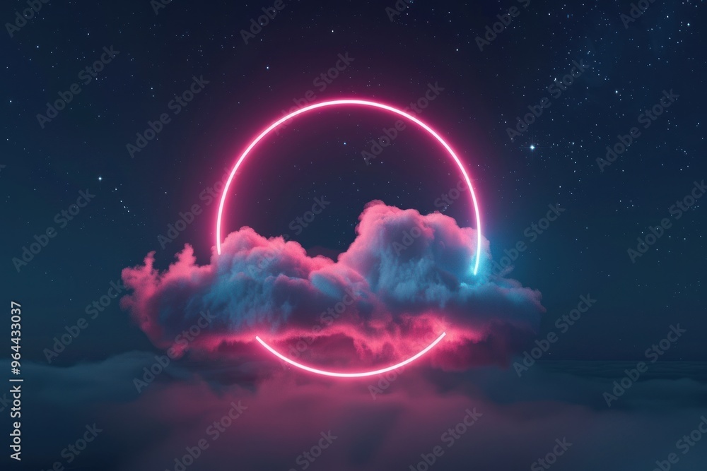 Neon circle glowing around a cloud against a starry night sky. Neon circle glowing around a cloud against a starry night sky.