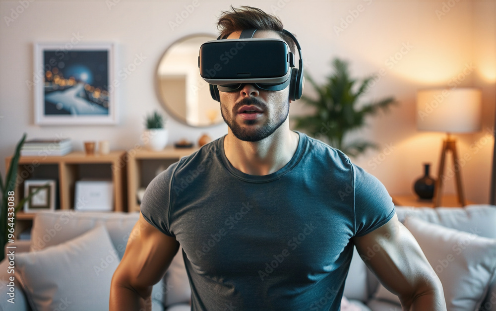 muscular man experiences virtual reality VR in a cozy living room setting muscular man experiences virtual reality VR in a cozy living room setting