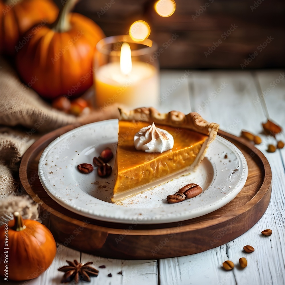 A cozy autumn scene featuring a pumpkin pie ,  glowing candle on a charming rustic table.