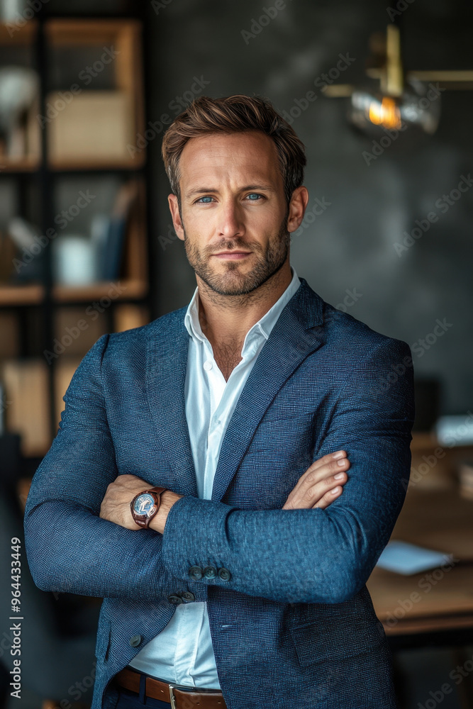 Fototapeta premium Businessman in Office, A confident businessman stands in his office with arms crossed, gazing directly at the camera, exemplifying professionalism and authority