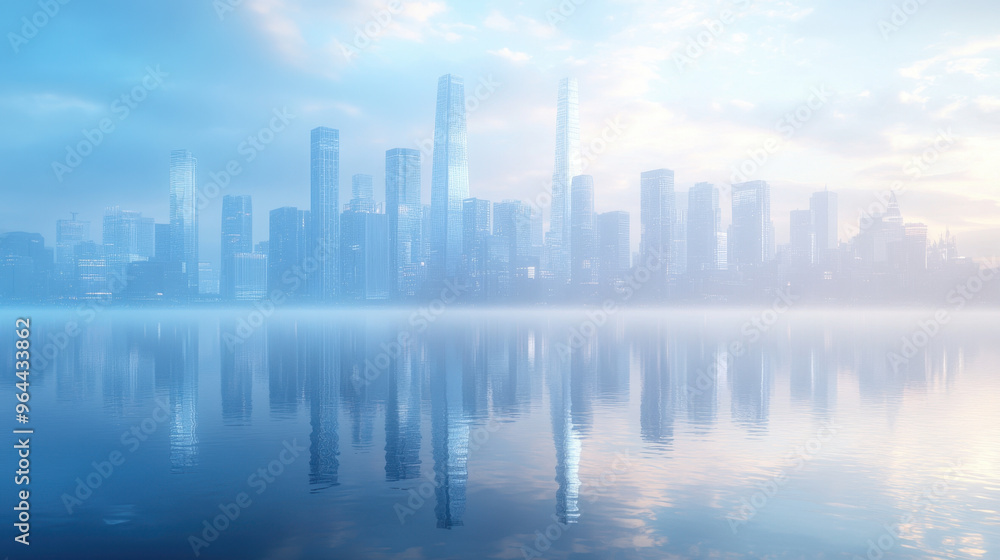 City Skyline, A modern city skyline featuring minimalistic buildings with reflective surfaces set against a soft blue background, ideal for visuals and design City Skyline, A modern city skyline featuring minimalistic buildings with reflective surfaces set against a soft blue background, ideal for visuals and design