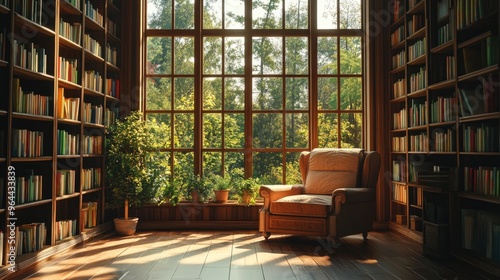 Wallpaper Mural Cozy home library with tall wooden bookshelves filled with colorful books, a comfy armchair, and sunlight streaming through large windows overlooking nature Torontodigital.ca