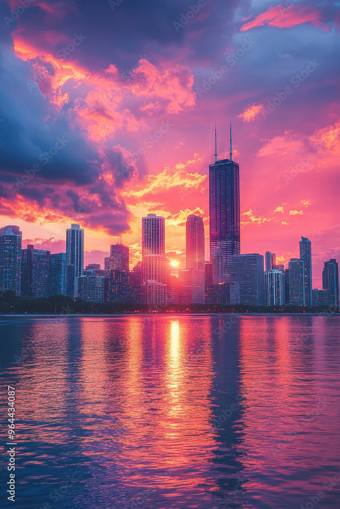 Fototapeta premium City Sunset, A stunning sunset illuminates the city skyline, with skyscrapers reflecting the warm colors of the vibrant sky in the golden hour