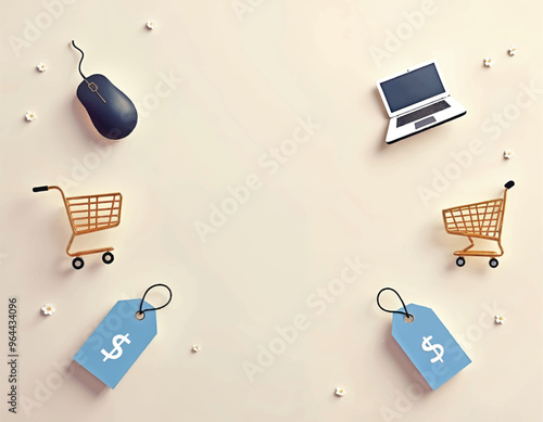 a display of shopping carts with a black mouse and a laptop with discount tags on beige background