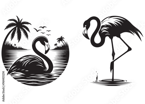 vector flamingo silhouette design, a flamingo standing in water with palm tree, silhouettes of flamingo birds, Vector black flamingo silhouette, Black silhouette of tropical bird flamingo 