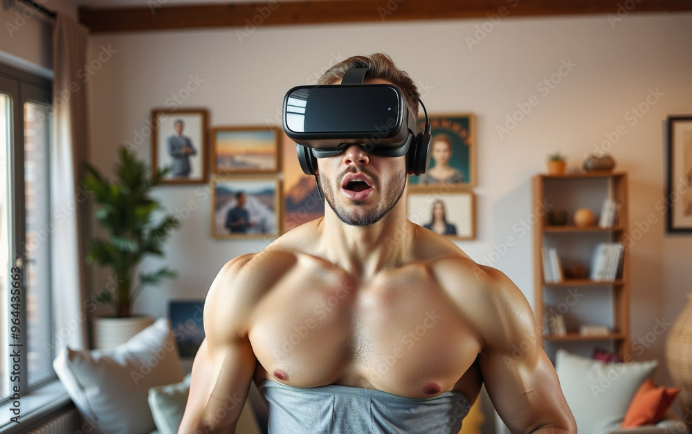 muscular man experiences virtual reality VR in a cozy living room setting muscular man experiences virtual reality VR in a cozy living room setting