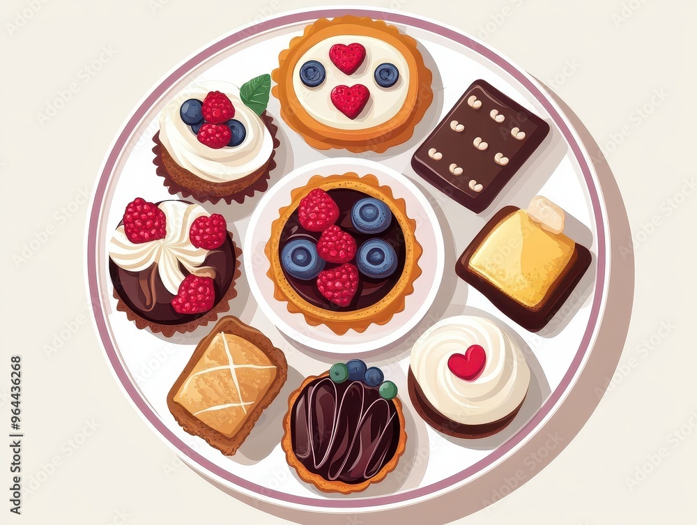 A plate of assorted pastries, including tarts, cakes, and cookies, with a variety of toppings and fillings. A plate of assorted pastries, including tarts, cakes, and cookies, with a variety of toppings and fillings.