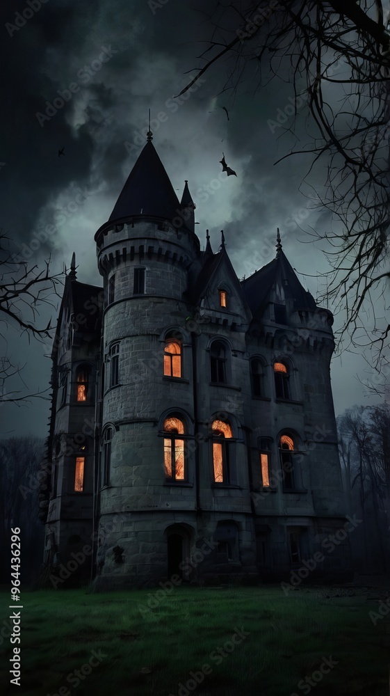 Halloween castle scenery with full moon in majestic night sky and highly detailed natural environment landscape. Halloween background. Horror scene for Halloween Halloween castle scenery with full moon in majestic night sky and highly detailed natural environment landscape. Halloween background. Horror scene for Halloween