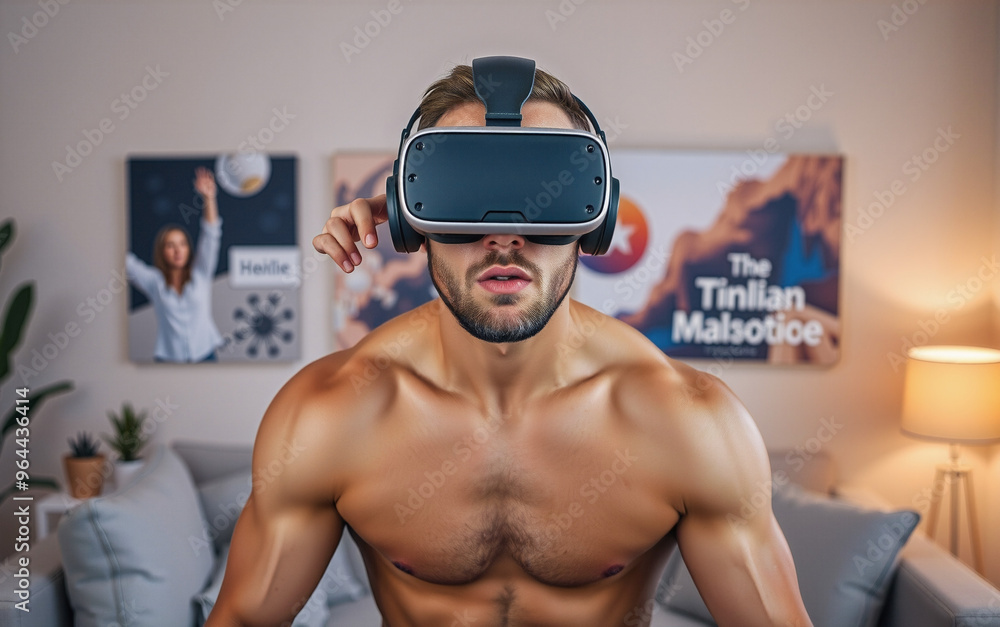 muscular man experiences virtual reality VR in a cozy living room setting muscular man experiences virtual reality VR in a cozy living room setting