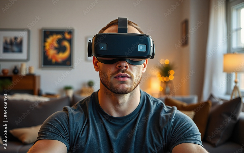 muscular man experiences virtual reality VR in a cozy living room setting muscular man experiences virtual reality VR in a cozy living room setting