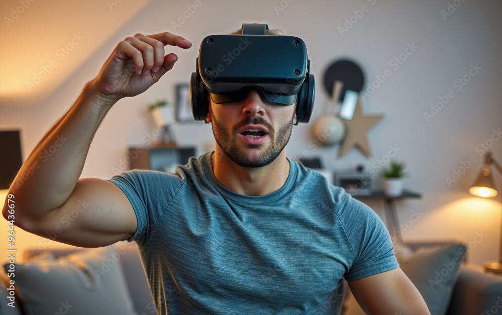 muscular man experiences virtual reality VR in a cozy living room setting muscular man experiences virtual reality VR in a cozy living room setting