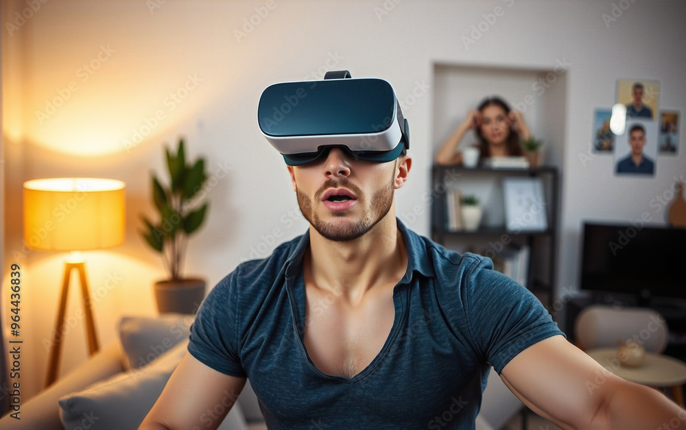 muscular man experiences virtual reality VR in a cozy living room setting muscular man experiences virtual reality VR in a cozy living room setting