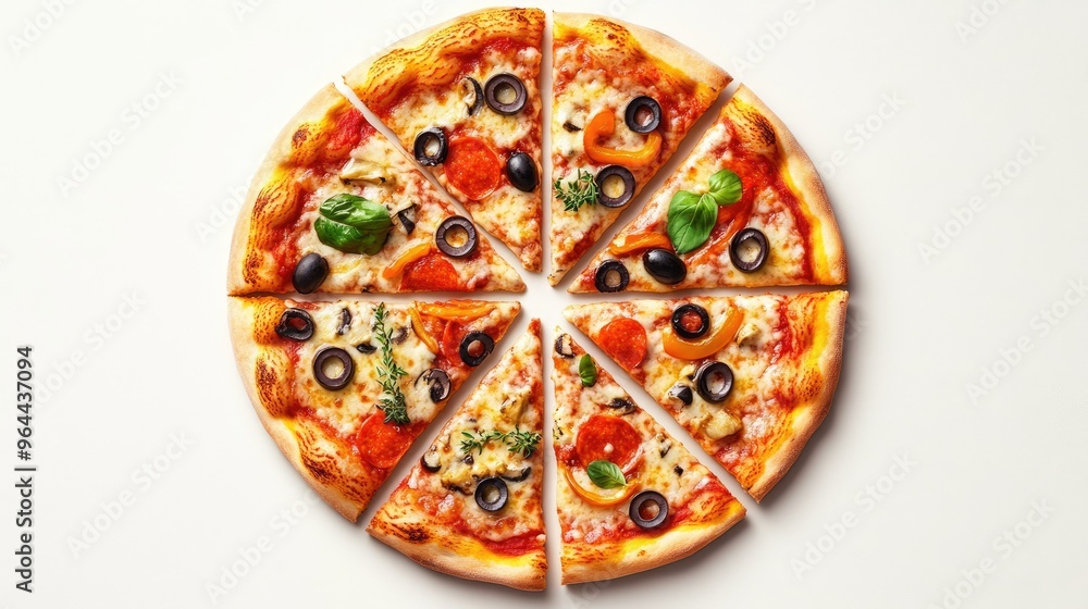 Icon of a whole pizza with eight slices, each topped with different ingredients like cheese, olives, and vegetables Icon of a whole pizza with eight slices, each topped with different ingredients like cheese, olives, and vegetables