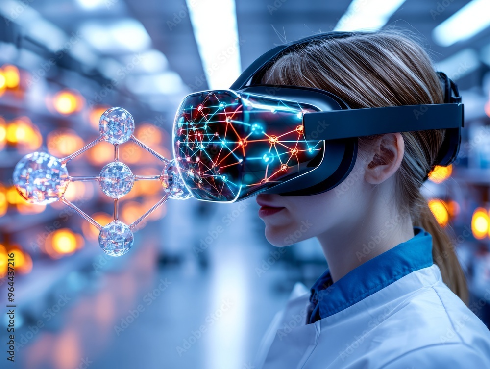 A scientist wearing virtual reality goggles explores digital innovations in a modern lab environment, showcasing futuristic research. A scientist wearing virtual reality goggles explores digital innovations in a modern lab environment, showcasing futuristic research.