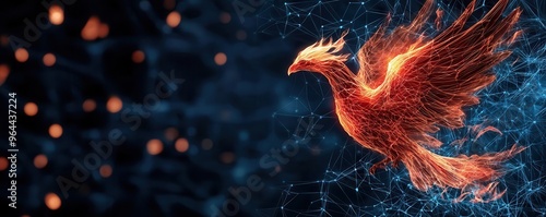 AI cyber guardian in the form of a glowing digital phoenix, rising from the data stream to defend against malicious attacks