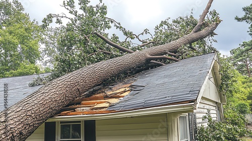 Fallen Tree on House Roof After Storm Damage